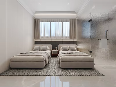 Modern Hotel Guest Room With Twin Beds Window Nightstand And Soft Rug 3d model
