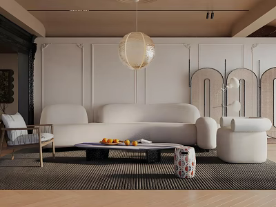 Elegant Modern Living Room Interior with Beige Sofa Round Chandelier Arched Decor and Wooden Flooring 3d model