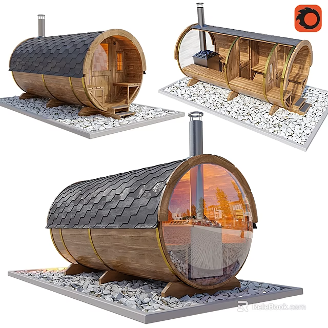 Wooden Barrel Building Structure With Black Tiled Roof Transparent Glass Windows And Chimney 3d model 