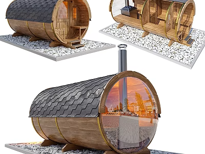 Wooden Barrel Building Structure With Black Tiled Roof Transparent Glass Windows And Chimney 3d model
