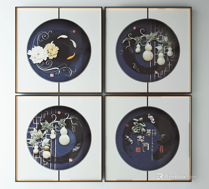Chinese Circular Wall Decor with Floral Patterns Gourds and Calligraphy on Blue Background 3d model 