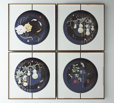 Chinese Circular Wall Decor with Floral Patterns Gourds and Calligraphy on Blue Background 3d model
