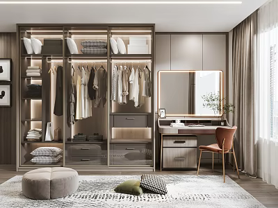 Modern Wardrobe Design With Built-in Lighting Glass Doors Drawers And Dressing Table Chair 3d model