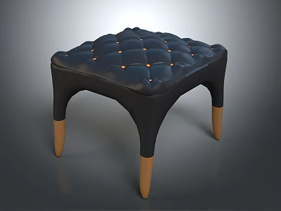 Stylish Stool With Dark Blue Tufted Padded Seat Black Legs And Wooden Feet 3d model