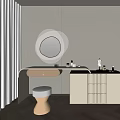 Modern Elegant Dressing Table Interior Design With Round Mirror And Gold Stool And Cabinet 3d model