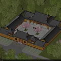 Ancient Chinese Architecture Traditional Courtyard With Yellow Walls Black Roofs And Green Trees