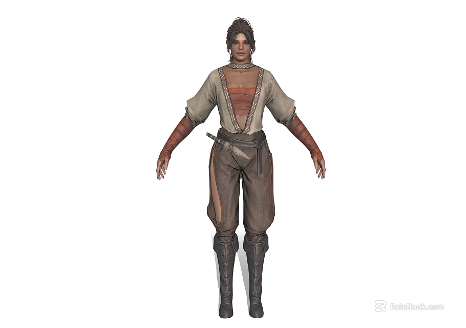Fantasy Adventurer Character With Dark Hair Tunic Brown Pants Boots And Wolf Companion 3d model 