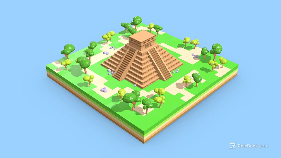 Cartoon Style 3D Rendered Pyramid Scene With Green Trees And Grass 3d model 