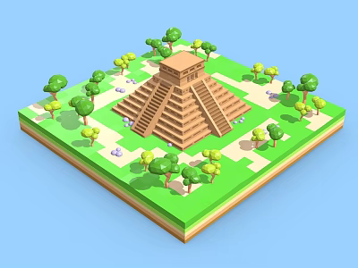 Cartoon Style 3D Rendered Pyramid Scene With Green Trees And Grass 3d model