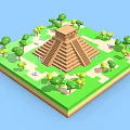 Cartoon Style 3D Rendered Pyramid Scene With Green Trees And Grass