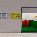 Man Standing At Hazardous Storage Facility With Open Roller Door Red Drums And Warning Signs