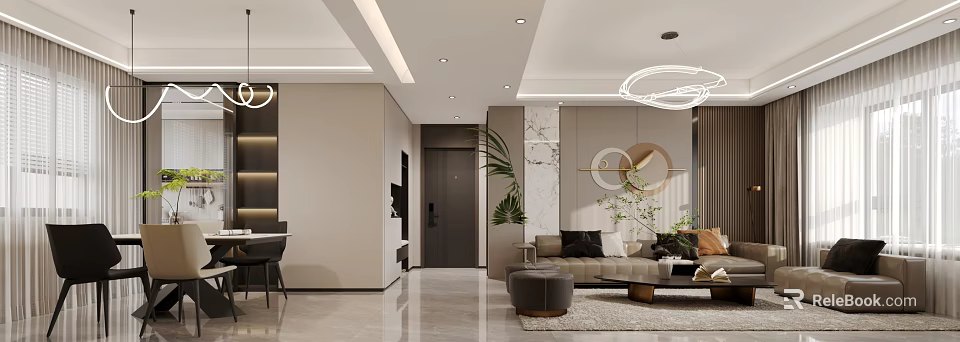 Modern Living Dining Room Interior Design With Comfortable Sofa Dining Table Green Plants And Artwork 3d model