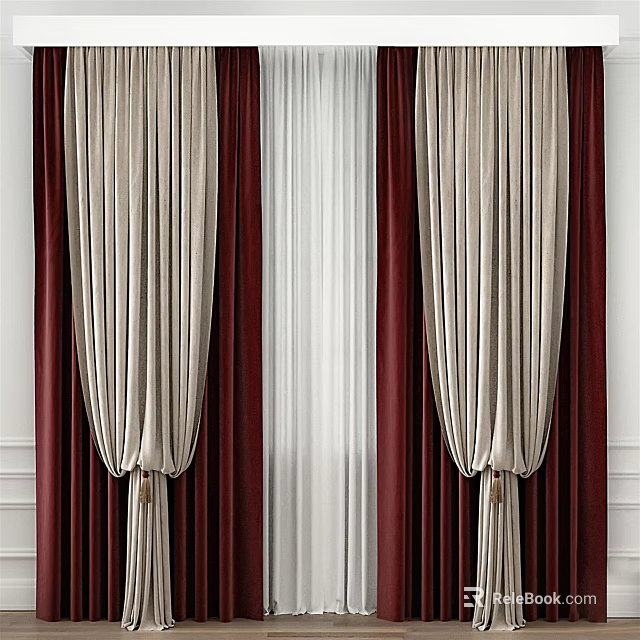 Elegant Red And Beige Curtains With White Sheer Panels And Decorative Tiebacks 3d model 