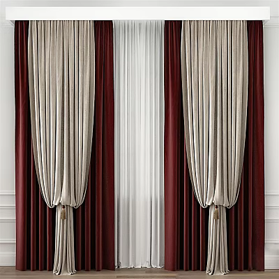 Elegant Red And Beige Curtains With White Sheer Panels And Decorative Tiebacks 3d model