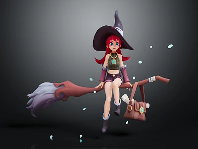 Red Haired Witch Riding Broomstick With Small Bag And Glowing Sprites 3d model