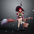 Red Haired Witch Riding Broomstick With Small Bag And Glowing Sprites 3d model