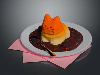 Cute Cat Shaped Dessert On White Plate With Brown Sauce Spoon And Pink Napkin 3d model