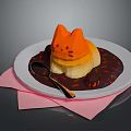 Cute Cat Shaped Dessert On White Plate With Brown Sauce Spoon And Pink Napkin