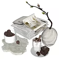Decorative Ornament Arrangement With Stacked Magazines Ceramic Vase Iced Drink Chocolate Desserts And Stone Tray