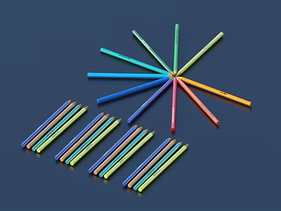Vibrant Colored Pencils Arranged In Star Shape And Rows On Dark Background 3d model
