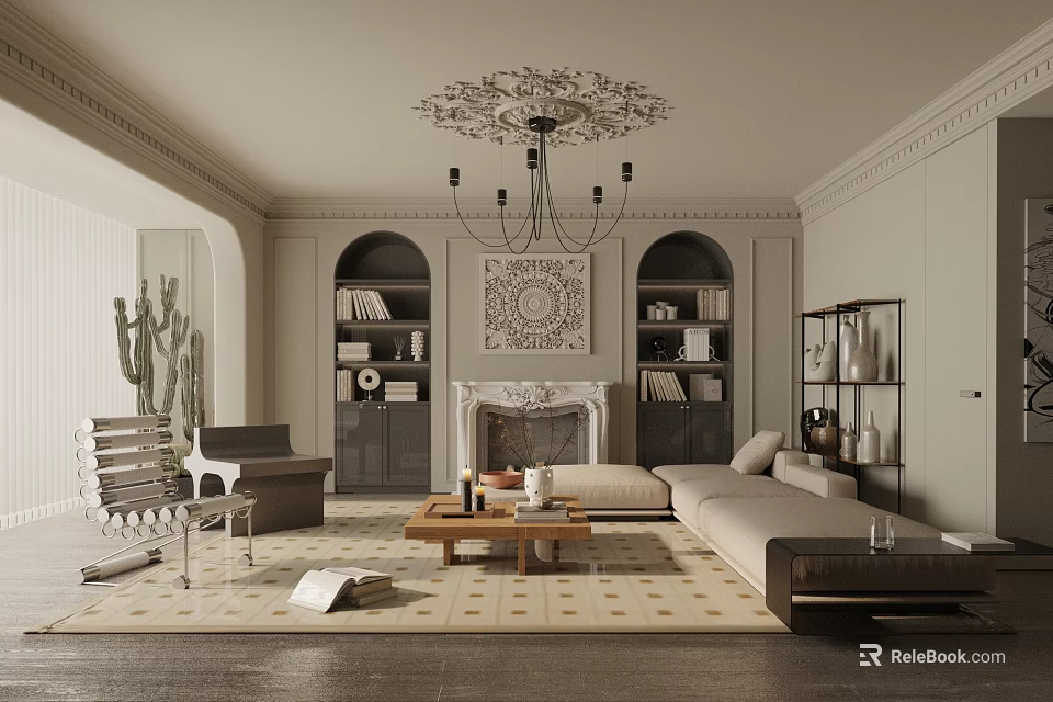 Elegant Modern Living Room Interior Design With Chandelier Bookshelves Fireplace Sofa Coffee Table And Rug 3d model 