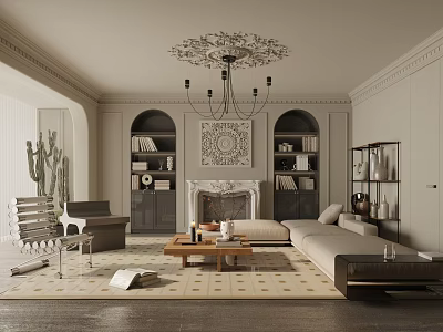 Elegant Modern Living Room Interior Design With Chandelier Bookshelves Fireplace Sofa Coffee Table And Rug 3d model