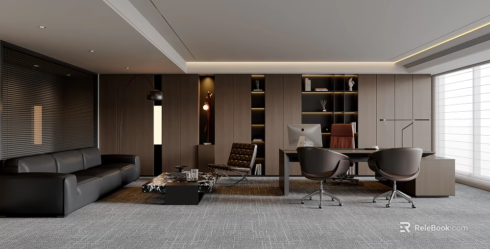 Elegant Modern Office Interior With Workspace Sofa Bookshelves Desk And Chairs 3d model 