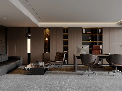 Elegant Modern Office Interior With Workspace Sofa Bookshelves Desk And Chairs 3d model