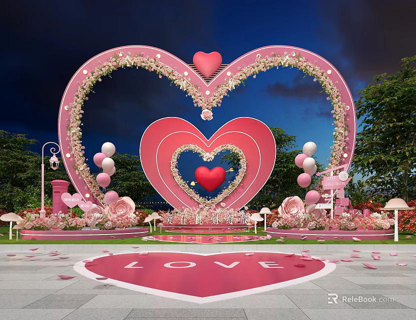 Romantic Pink Heart Shaped Arch Photo Check in Spot with Flowers Balloons and LOVE Sign 3d model 