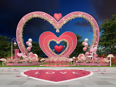 Romantic Pink Heart Shaped Arch Photo Check in Spot with Flowers Balloons and LOVE Sign 3d model
