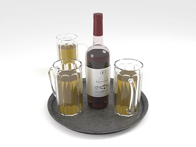 Stylish Wine Bottle and Glass Mugs on Black Tray with Yellow Liquid 3d model