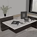 Elegant Coffee Table with Marble Top Wooden Base Potted Plant Vintage Telephone and Picture Frame