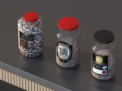 Glass Jars With Red And Black Lids Containing Apple Granules On Dark Counter 3d model