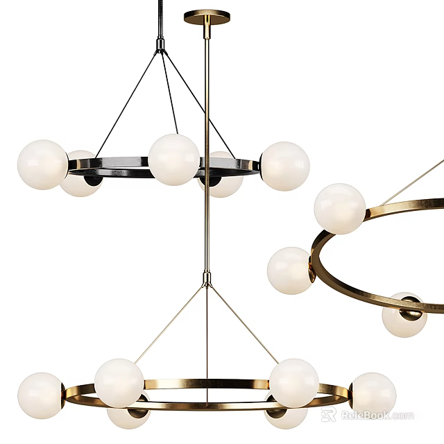 Modern Chandelier With White Glass Balls And Gold Circular Metal Hanging Design 3d model 