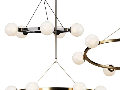 Modern Chandelier With White Glass Balls And Gold Circular Metal Hanging Design 3d model