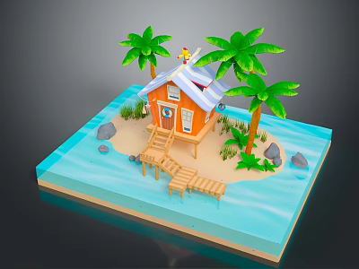 Tropical Scenic View With Orange Cabin Palm Trees Sand Beach Wooden Dock And Blue Water 3d model