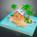 Tropical Scenic View With Orange Cabin Palm Trees Sand Beach Wooden Dock And Blue Water