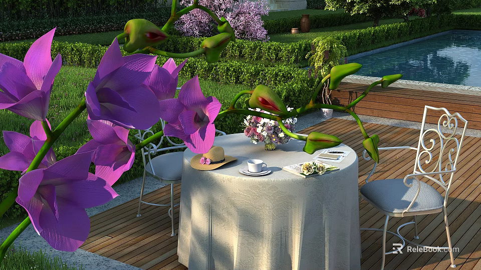 Patio Garden With Purple Orchids Table Chairs Tea Cup Hat Lush Lawn And Green Hedges 3d model 
