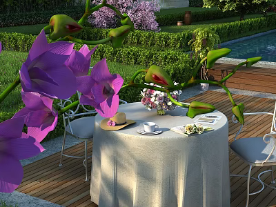 Patio Garden With Purple Orchids Table Chairs Tea Cup Hat Lush Lawn And Green Hedges 3d model
