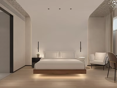 Hotel Room Interior Design With Double Bed Nightstands Armchair And Warm Wooden Flooring 3d model