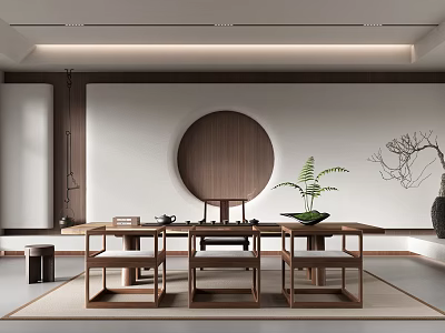 Minimalist Modern Tea Room Interior Design With Round Wooden Decor Tea Table And Potted Fern 3d model