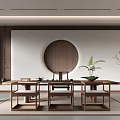 Minimalist Modern Tea Room Interior Design With Round Wooden Decor Tea Table And Potted Fern