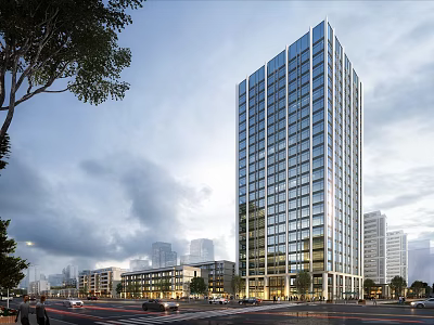 Modern High Rise Office Building With Glass Curtain Wall Urban Street Vehicles Pedestrians And Trees 3d model