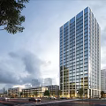 Modern High Rise Office Building With Glass Curtain Wall Urban Street Vehicles Pedestrians And Trees