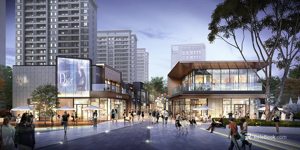 Modern Commercial Street Shopping Area With Retail Stores Pedestrians And Outdoor Seating 3d model 