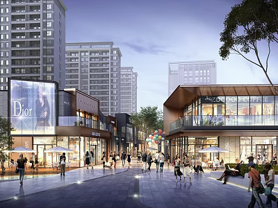 Modern Commercial Street Shopping Area With Retail Stores Pedestrians And Outdoor Seating 3d model