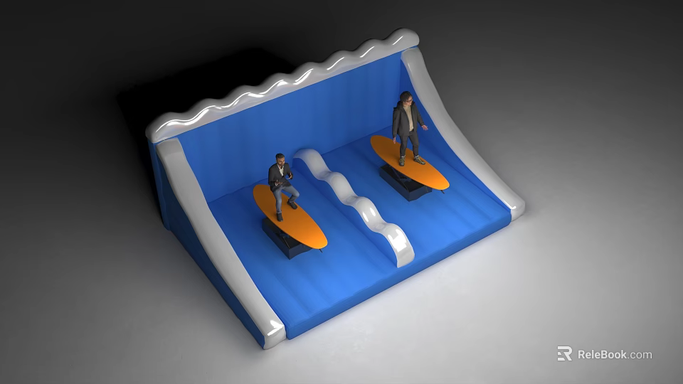 Interactive Zone With Inflatable Surfboards And People Standing On Wave Design 3d model