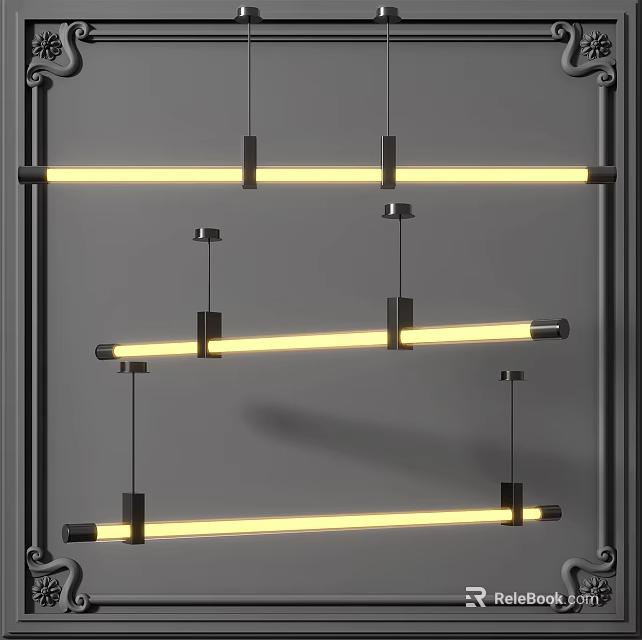 Modern Linear Pendant Light Fixtures With Black Metal Brackets And LED Strip Illumination 3d model 