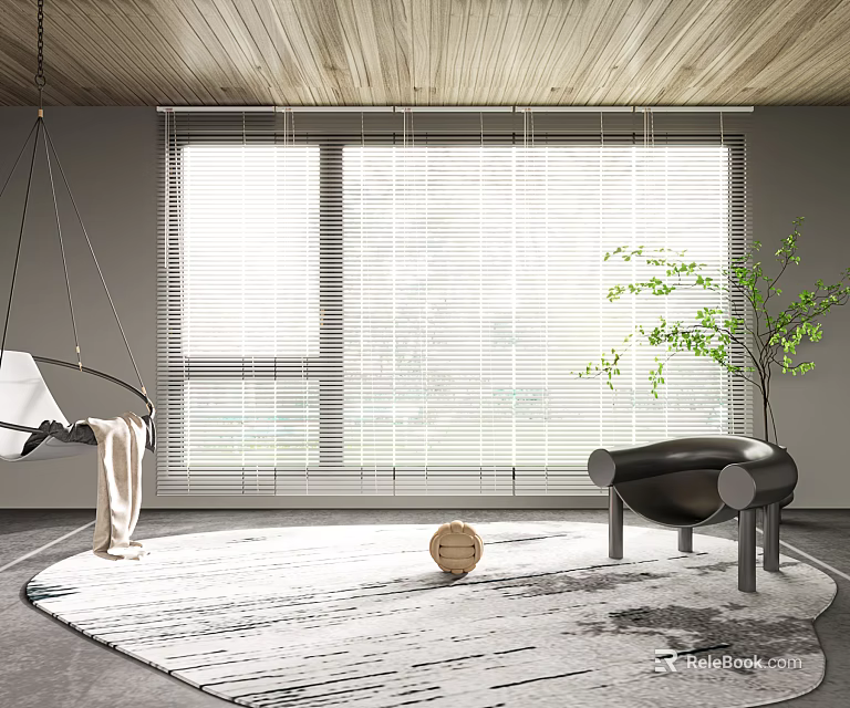 Modern Interior With Window Blinds Wooden Ceiling Gray Walls Hanging Chair And Green Plant 3d model 