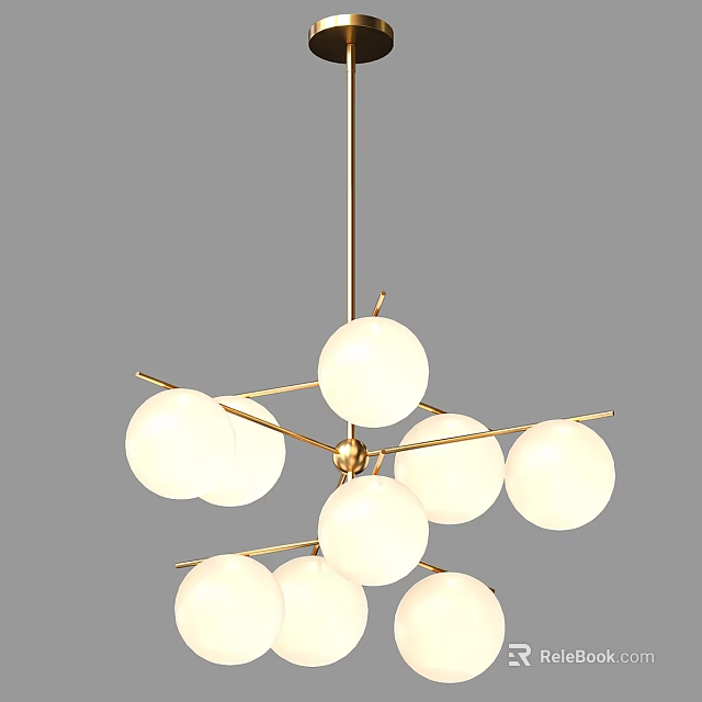 Modern Hanging Chandelier With Golden Metal Structure And White Spherical Shades 3d model 